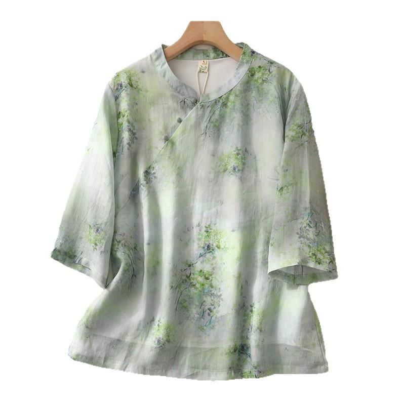 1116 new top Chinese style stand-up collar printed pullover retro Chinese zen cotton and linen shirt