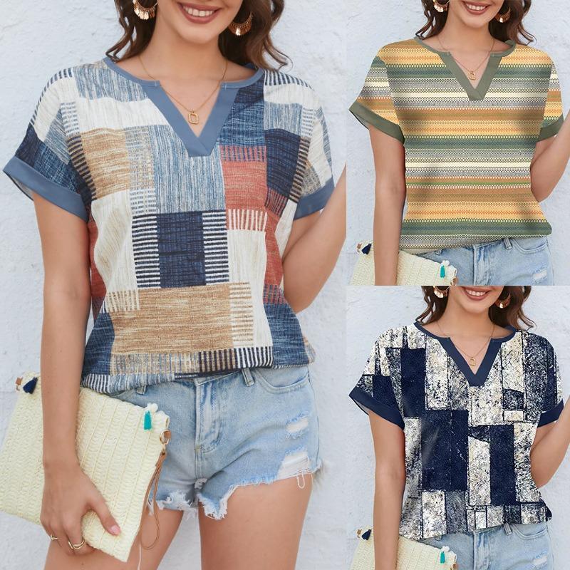Summer Women's Printed V-neck Short Sleeved Casual Top T-Shirts