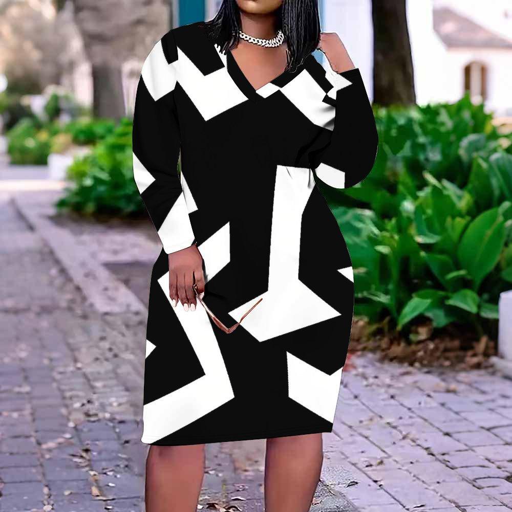 Women Plus Size V Neck Long Sleeve Black White Geometric Printed Fitted Dress