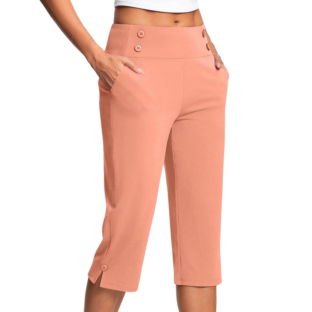 Women's Fashionable Solid Color Button Pocket Pants with Split Hems High Waist Sports Yoga Casual Cropped Pants