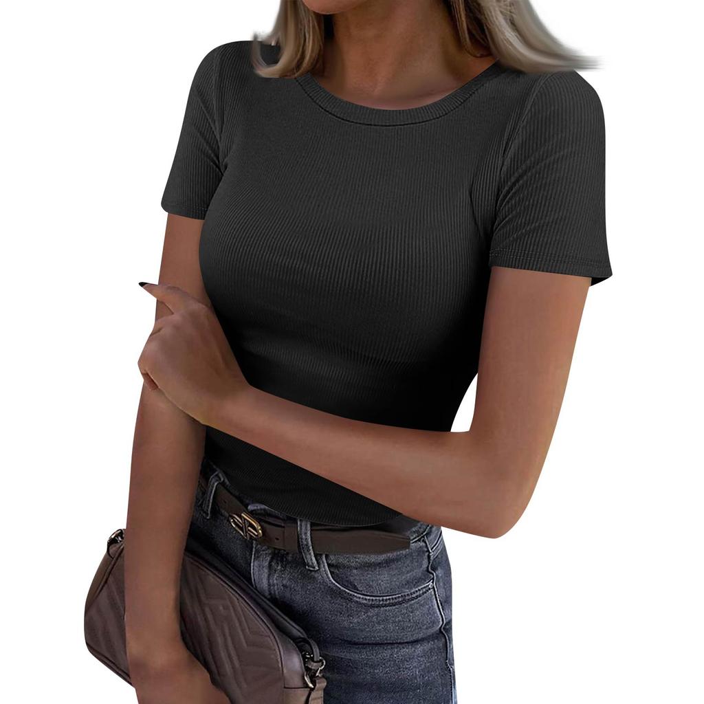 Ladies Slim Bottom T-shirt Fashion Casual Solid Colour Round Neck Pullover Short Sleeve Top