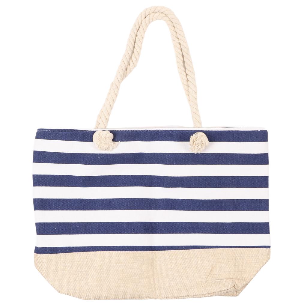 Women Canvas Shoulder Bag Stripes Printing Large Capacity Beach Bag for Shopping Traveling Navy Blue Free Size