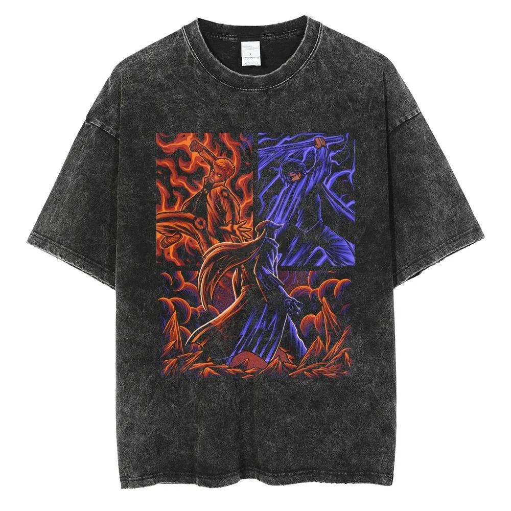 

Men Short Sleeve T Shirt Naruto Anime Print Vintage TShirt Cotton Black Washed Tops Tees Fashion Harajuku Streetwear Clothing S