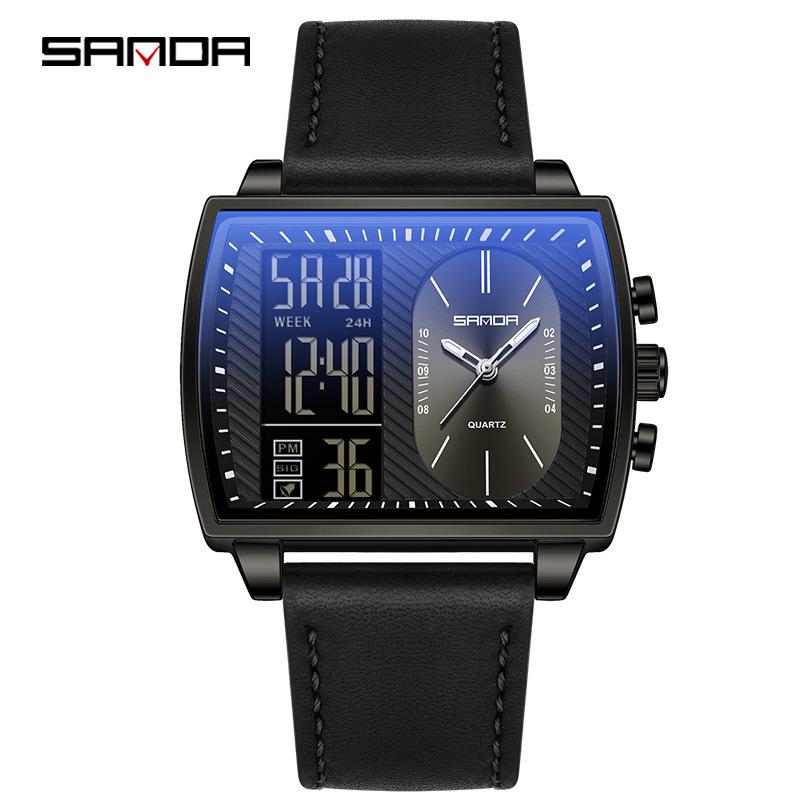 Sanda Men s Large Dial Dual Display Quartz Multifunction Leather Strap Watch