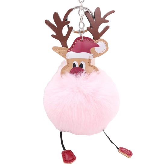 Christmas Deer Keychain Cute Reindeer Pom Pom Keyring Faux Fur Fluffy Plush Ball Charm for Handbag Backpack Purse Accessory