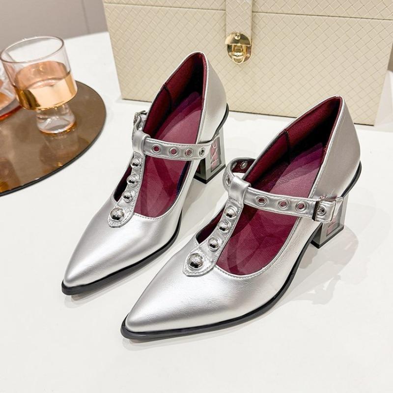 Women's Thick Heel Shoes Spring New Pointed Head Shallow Mouth Rivets Metal Buckle Line Belt High Heels