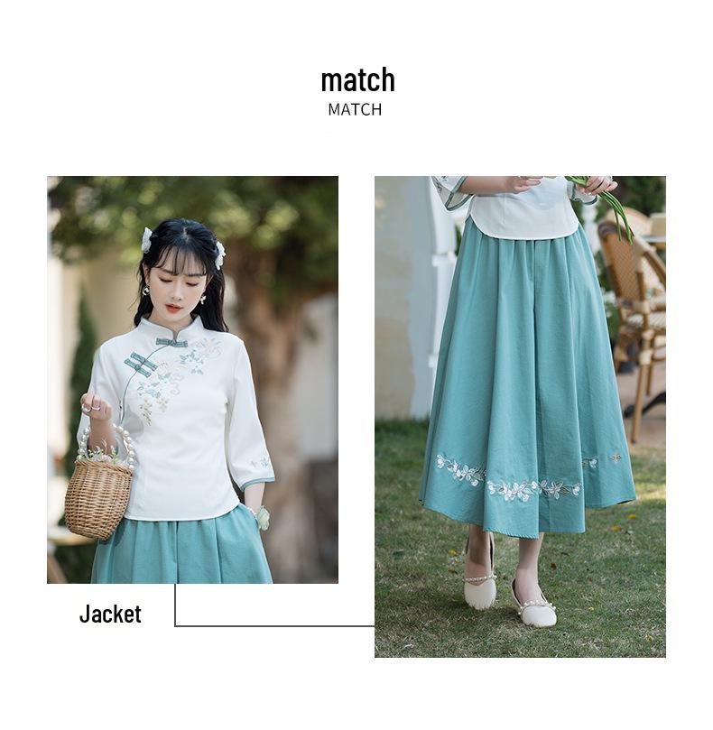 2025 Spring/Summer Women's Ethnic Retro Cotton Linen Embroidered Midi Skirt - Elastic Waist