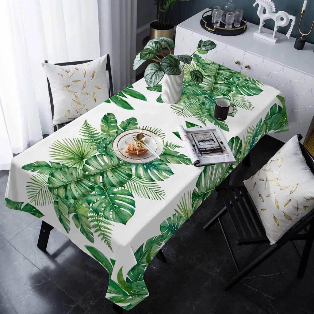 1Pc Tropical Leaf Print Tablecloth Green Botanical Pattern Table Cover For Dining Room Kitchen Decor Dustproof Rectangular
