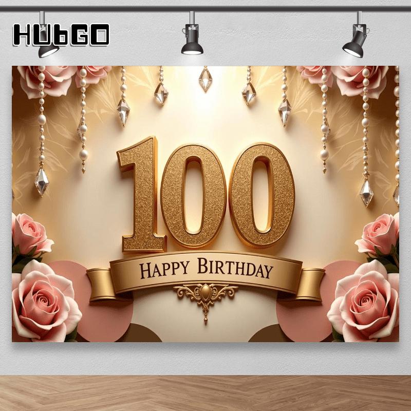 A dazzling 100th birthday banner background cloth, elegant golden design, birthday celebration event 100x150cm