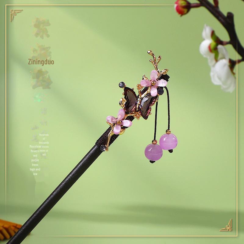 Ancient Style Ebony Imitation Wooden Tassel Hairpin - Hanfu Accessory for Women