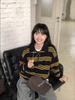 Women's Retro Stripe Pure Wool Polo Collar Sweater - Color Block Design, Lazy Style Knit Pullover