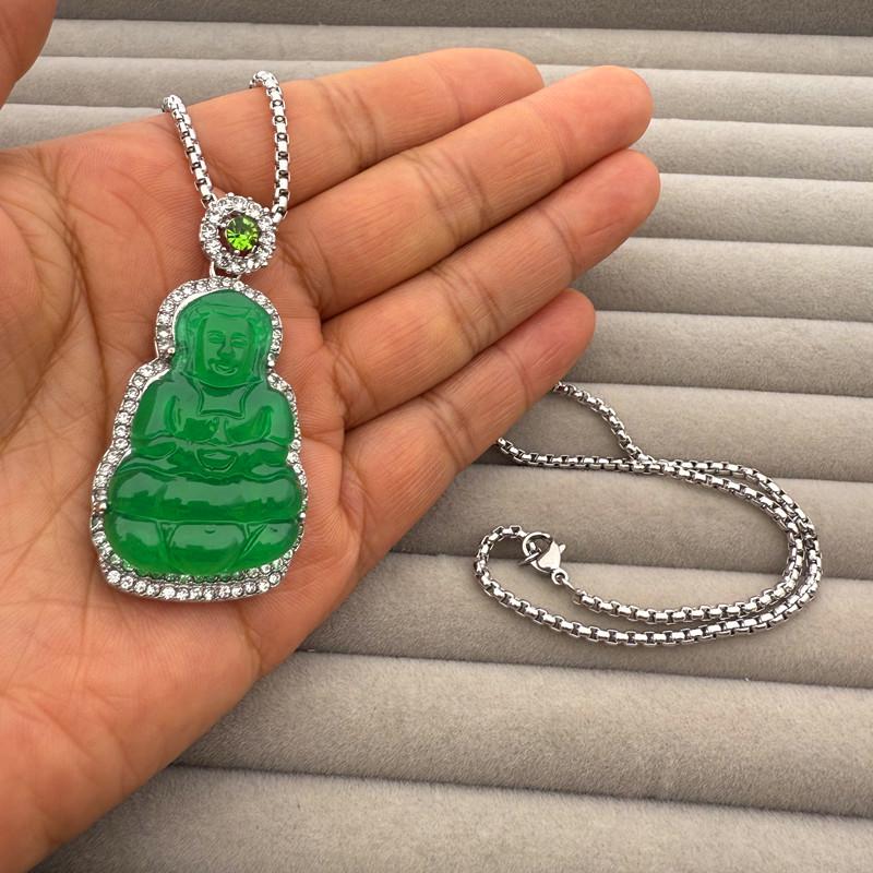 Elegant Women's High-Quality Imitation Chalcedony Pendant Necklace - Jade Green Ping'an Pai, High Ice Jade Inlaid Design