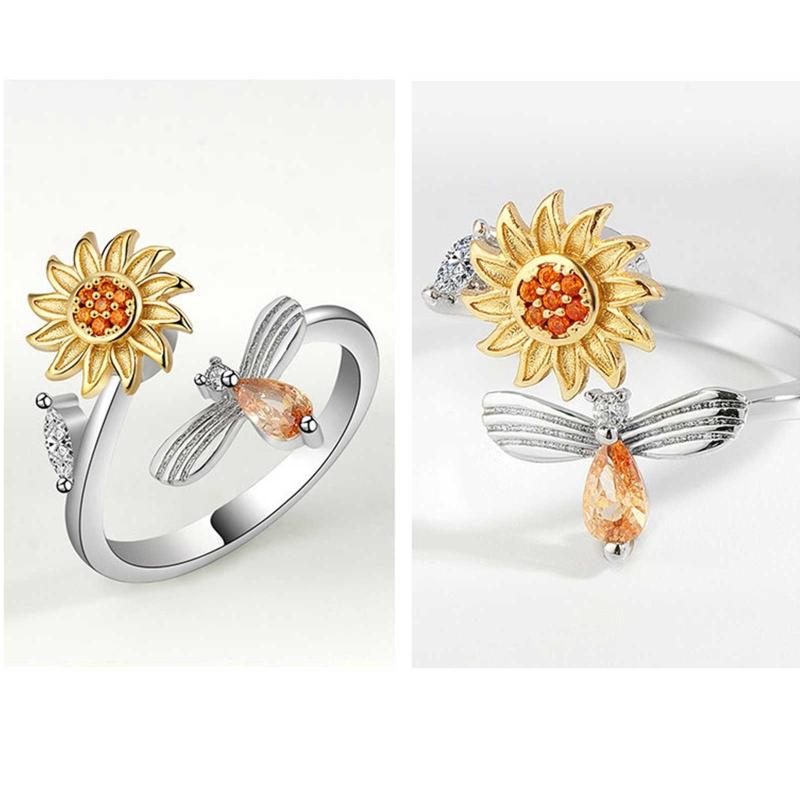 Sunflower Spinner Ring Fidget Ring for Women Girl Adjustable Ring Anxiety Stress Relieving Ring Christmas Jewelry Gift