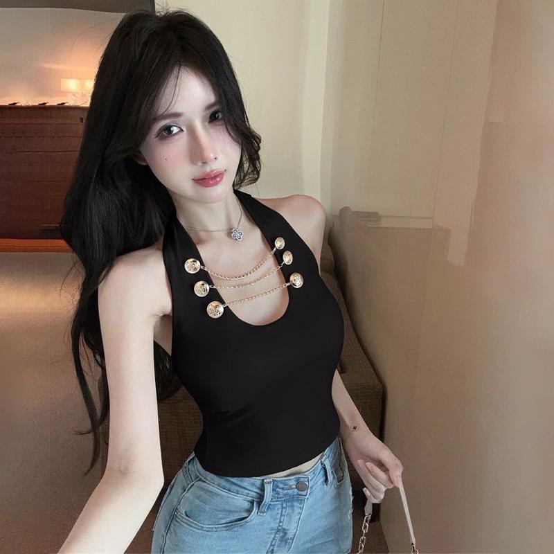 Summer Women'S Sexy Metal Chain Decoration Halterneck Sleeveless Slim Camisole