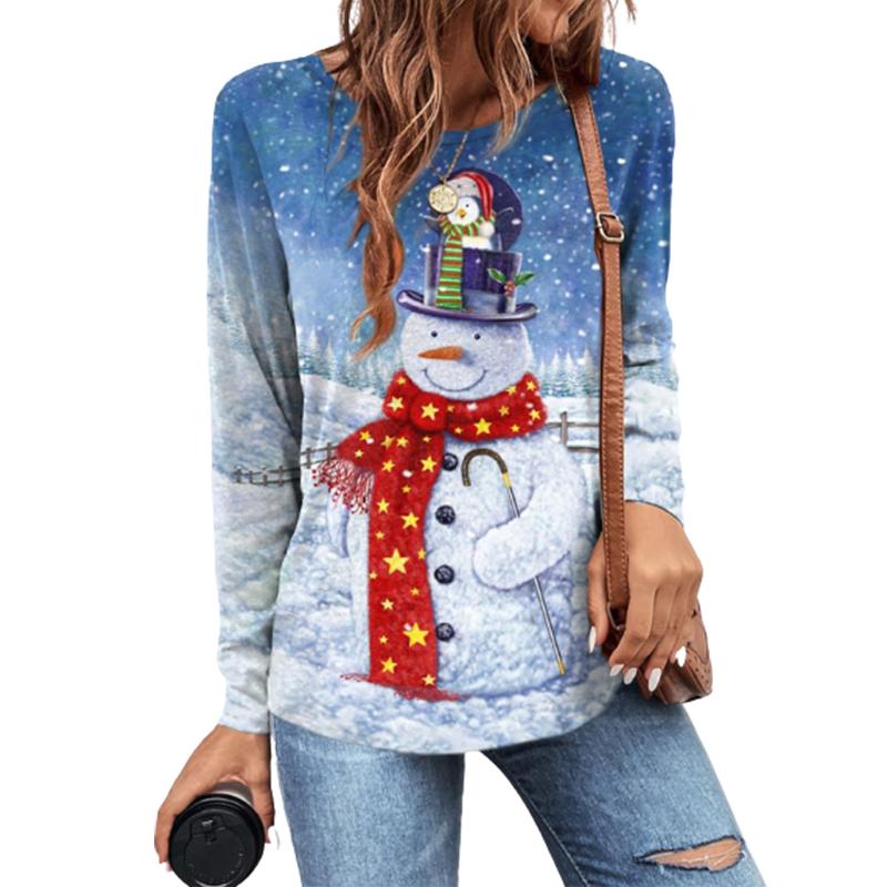 

Женские топы с 3D голубым принтом снеговика, футболка с круглым вырезом и длинными рукавами, осенний повседневный женский топ с длинными рукавами на Рождество