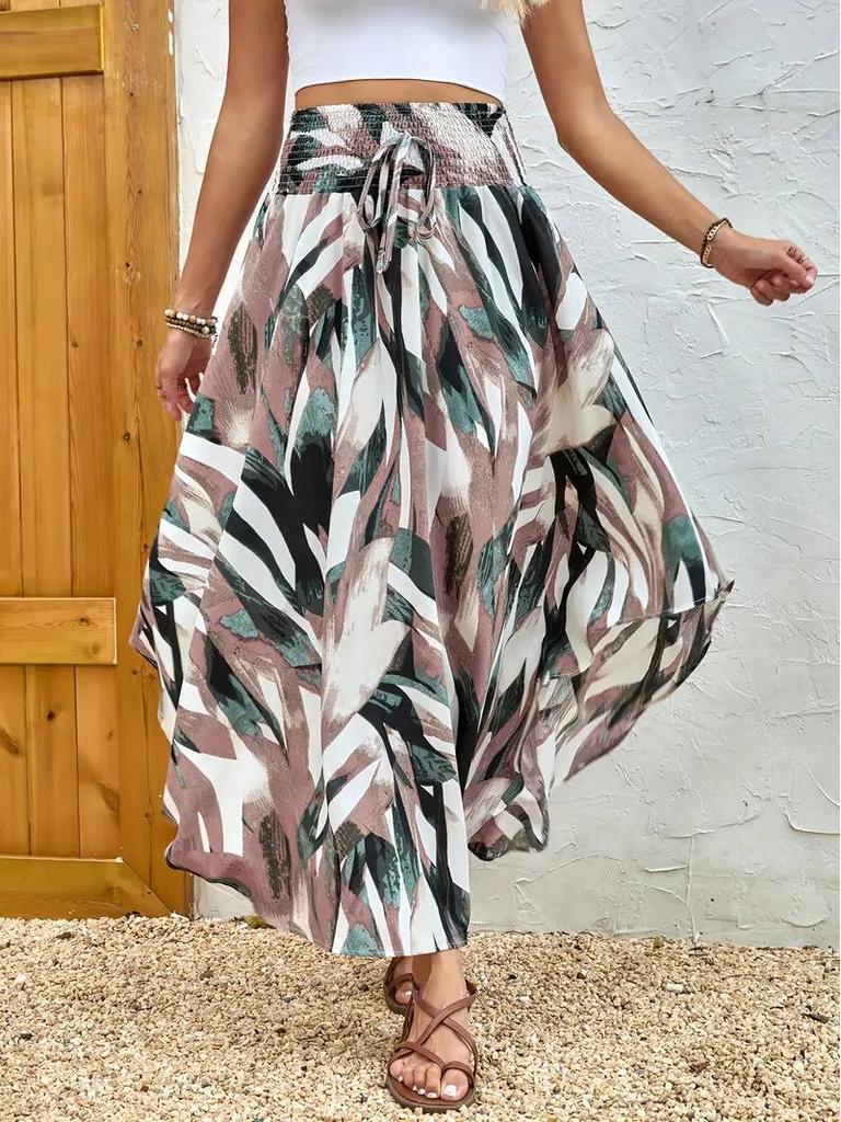 Bohemian Style Flowy Mid-Length Skirt with Personality Print for Summer Vacation