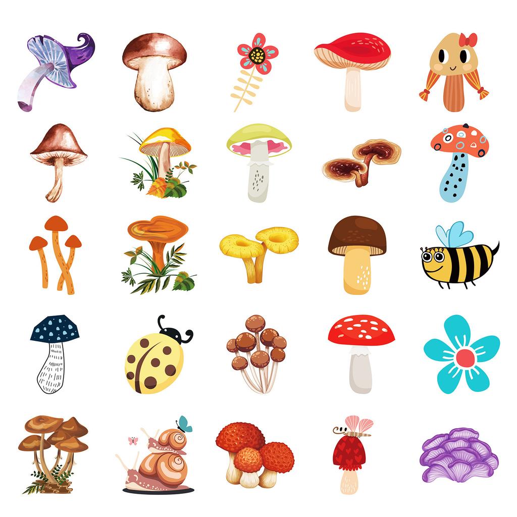 50PCS Mushroom Waterproof Stickers, Cute Decorative Decals for Laptop, Fridge & Notebook