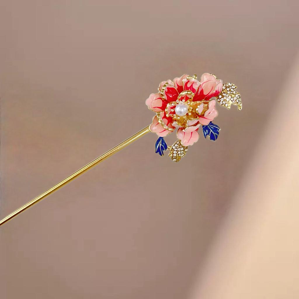 Pink Peony Hairpin Women's Premium Sense New Chinese Hair Accessories Hairpin Antique Headgear Hairpin Pearl Hairpin Accessories
