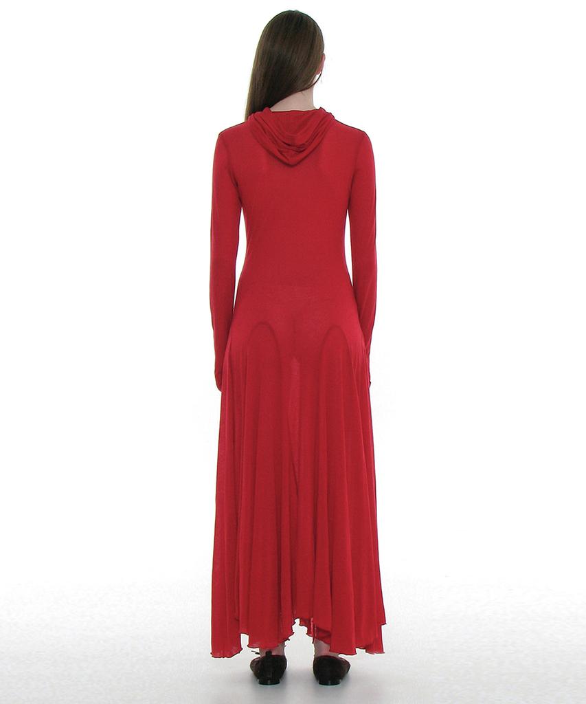 Partimento Woman Sheer Layered Hoodie Flare Dress_Red