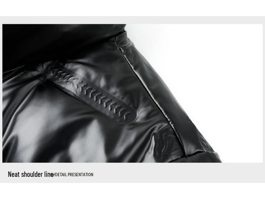 Jaqueta de Penas Brilhante com Gola Alta Masculina 2025 - Grossa, Quente, Roupa de Trabalho com Emblema