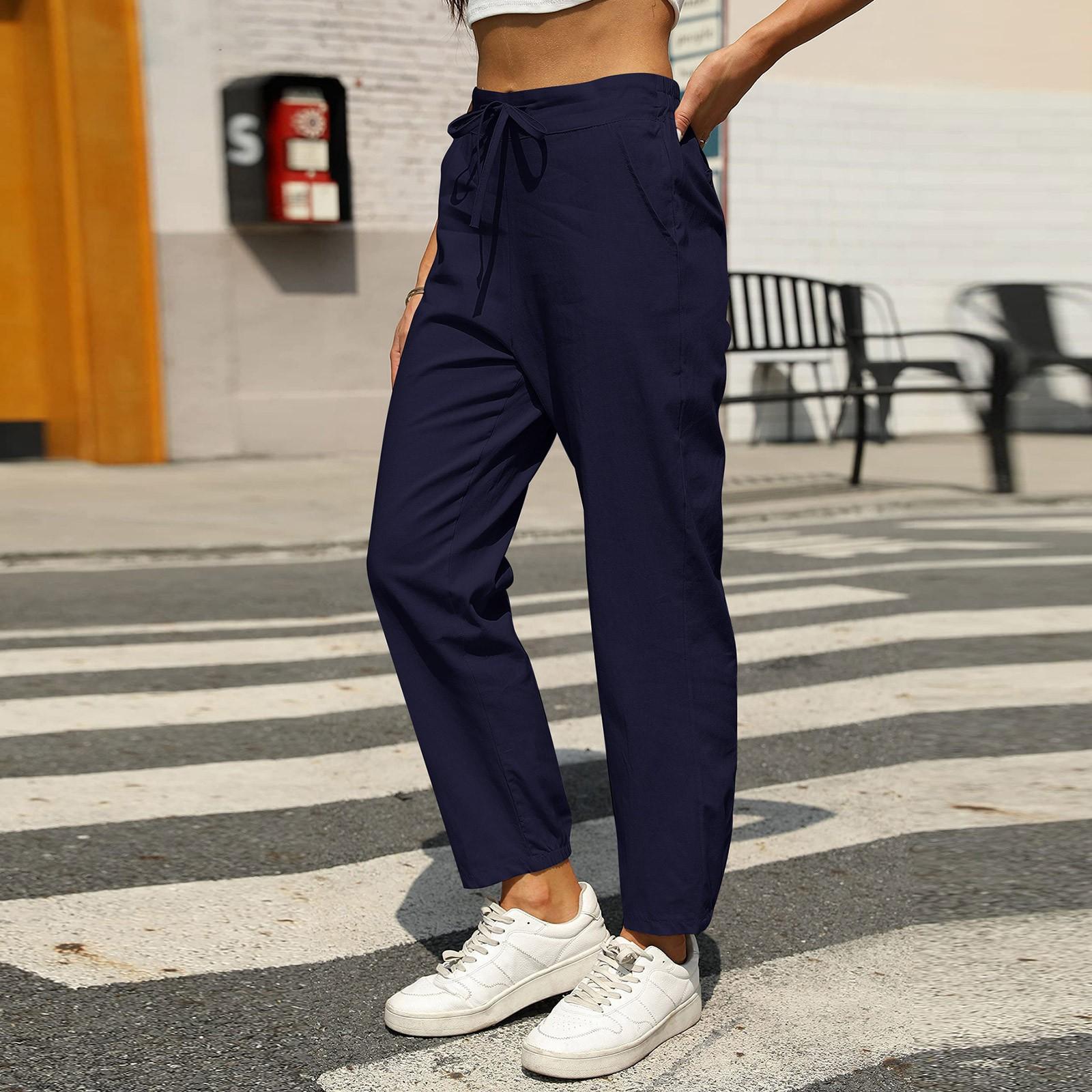 

Женские модные универсальные брюки с эластичным поясом и завязками на талии, однотонные, с карманами, повседневные, рабочие, узкие брюки XXL тёмно-синий