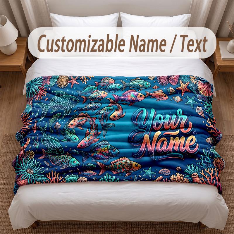 Fish Ocean Theme Soft Blanket Personalized Custom Name Text Print Warm Blanket Home Sofa Bedroom Decor