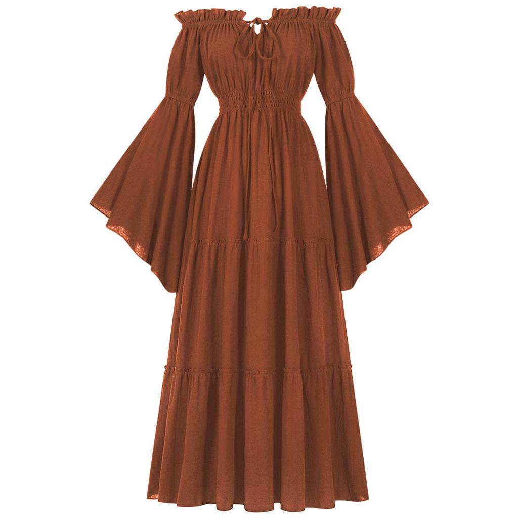 Women's Off-Shoulder Dress Bell Solid Color Long Sleeve Elastic Tiered Flowy Long Dresses Costume