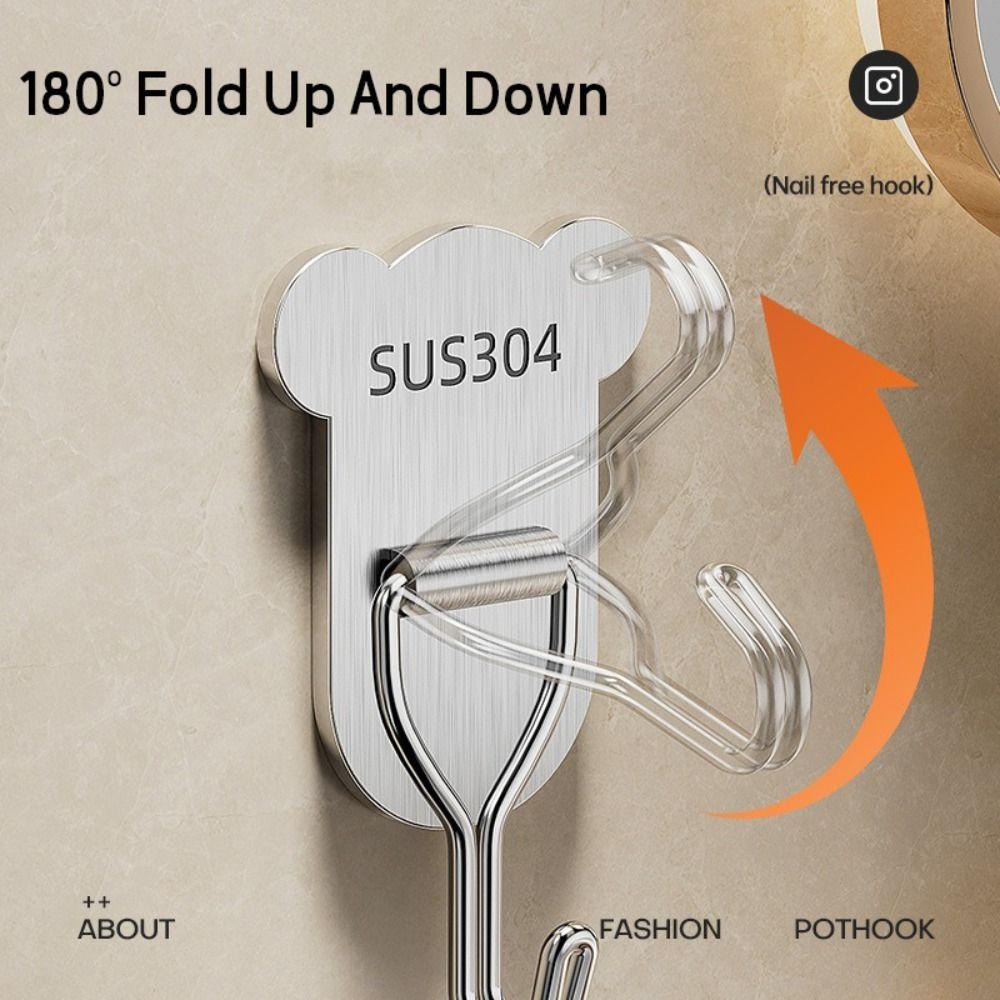 5/8PCS Bear Shape Sticky Hook Stainless Steel Door Behind Hook Self-adhesive Hook  Bathroom Kitchen