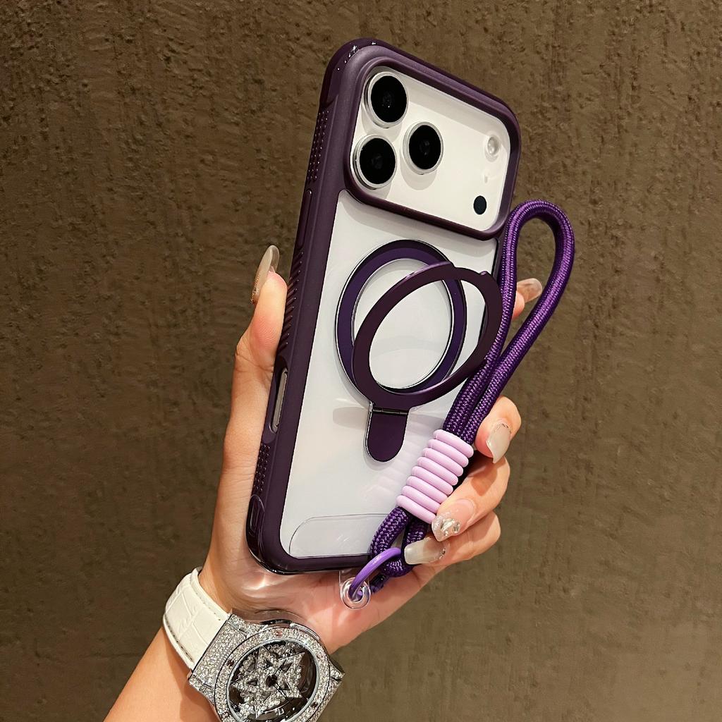 For iPhone 17 Pro Case Compatible with MagSafe Kickstand TPU PC Clear Phone Back Cover with Wrist Strap