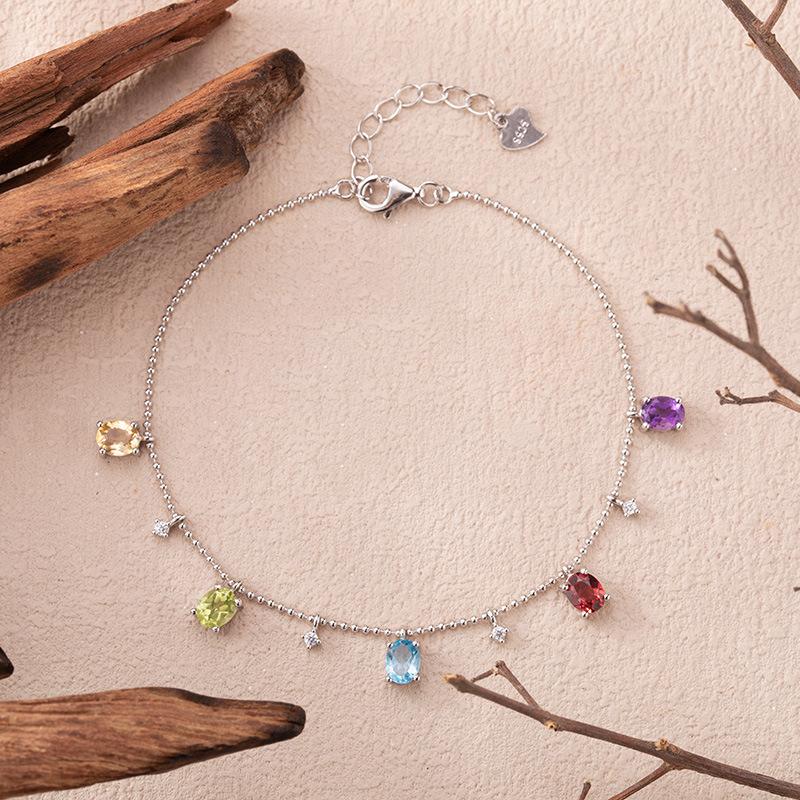 Gypsy Natural Garnet Topaz Amethyst Citrine Bracelet Women'S S925 Sterling Silver Color Treasure Jewelry