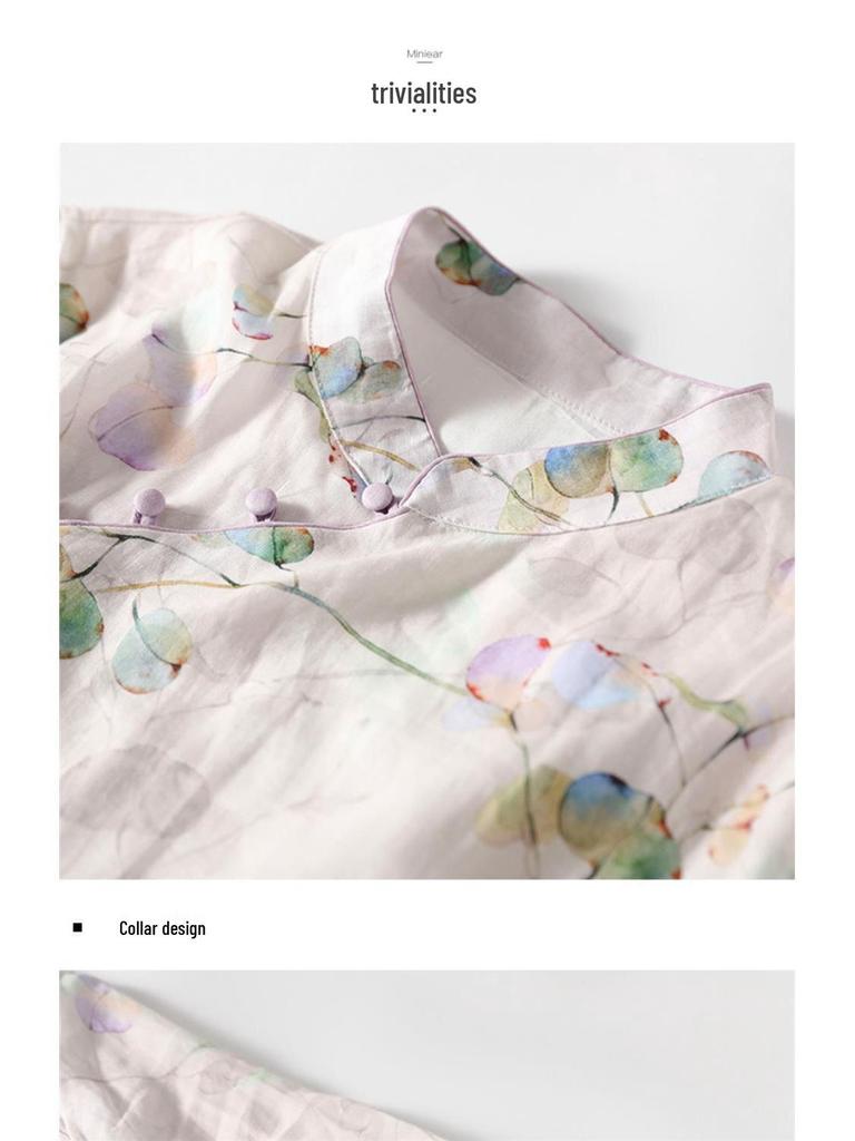 Vestido Cheongsam de Algodón Lino de Verano para Mujer - Talla Grande, Adelgazante, Largo Medio, a la Moda