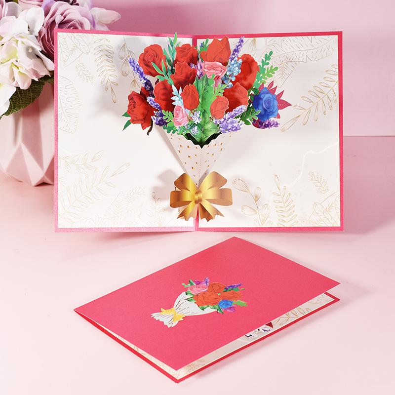 Handmade 3D Pop-up Rose Bouquet Mother s Day Greeting Card with Creative Blessing Words