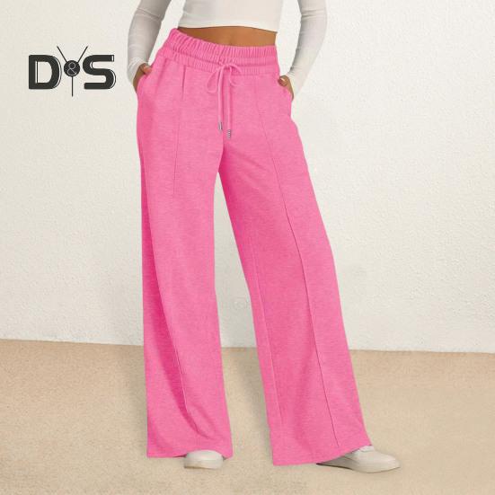 Women Sweatpants Elastic Mid-rise Adjustable Drawstring Straight Wide Leg Jogger Athletic Pants with Pockets Loose Fit Yoga Trousers