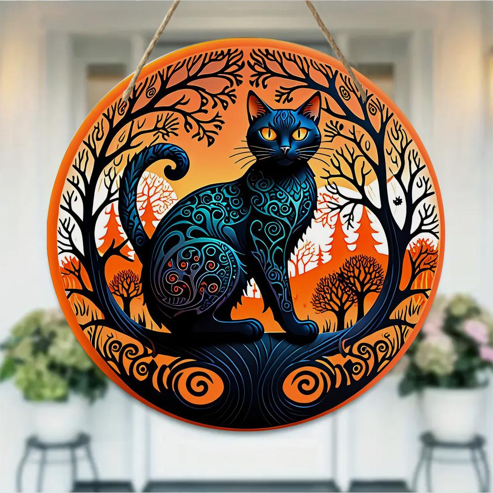 Decorative Black Cat Nature Landscape Print Round Wooden Hanging Plaque Indoor Wall Art Ornament Festival Home Decor Gift for Cat Lovers