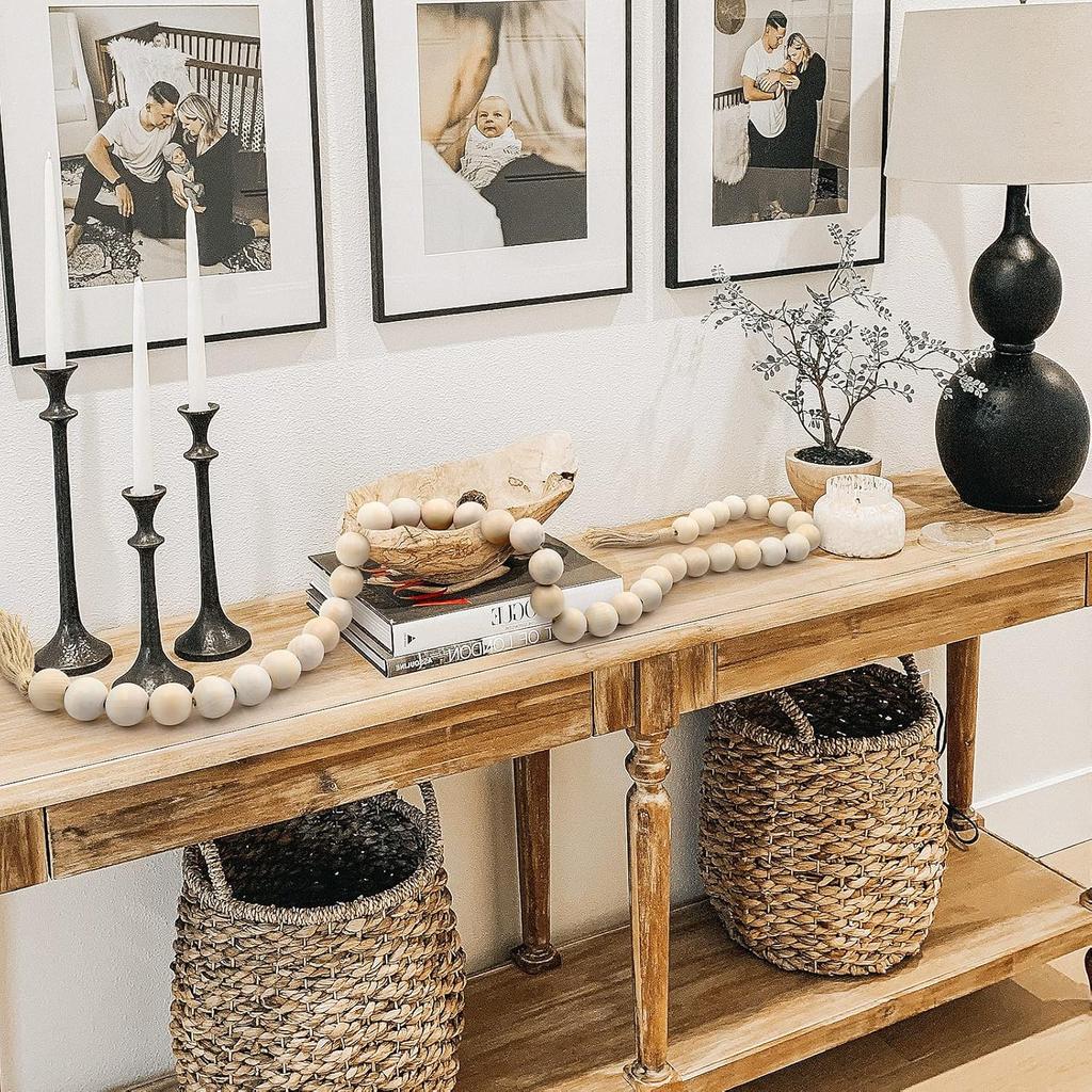 AceList 72in Large Wood Bead Garland Decorative Beads with Tassels, Long Wooden Beads Garland, Coffee Table Decor, Perfect Boho Farmhouse Bookshelf