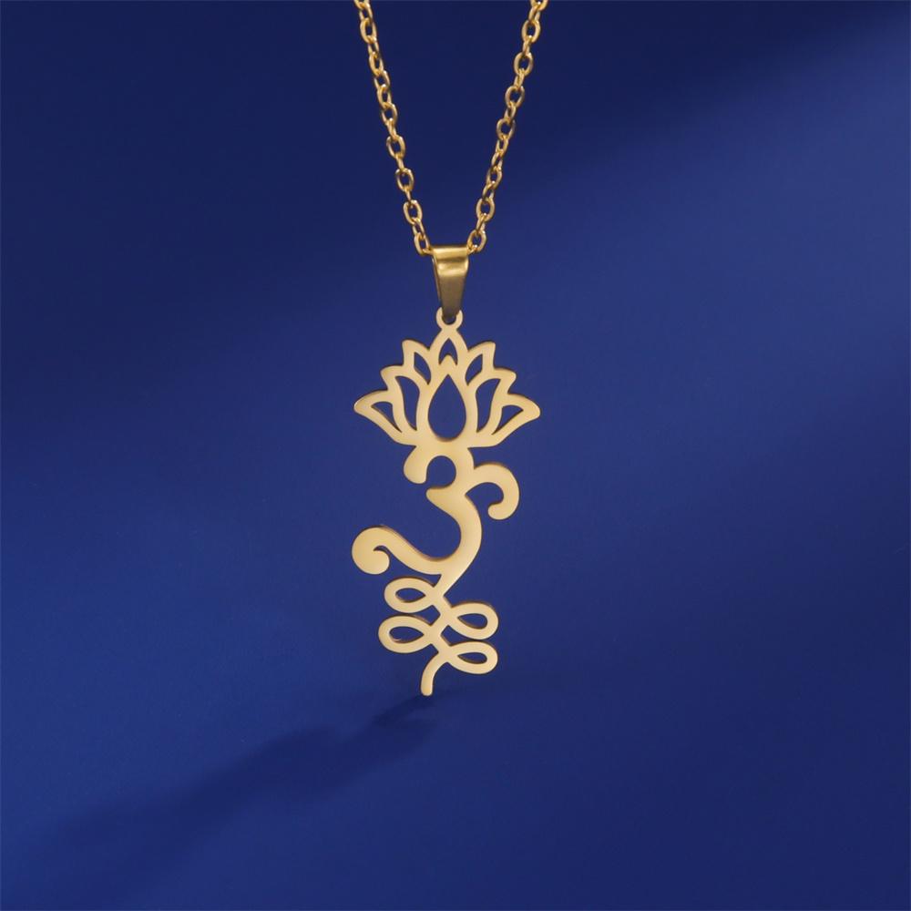 Lotus Flower Yoga Pendant Necklace Stainless Steel Om Unalome Symbol Necklaces for Women Men Buddhist Amulet Jewelry