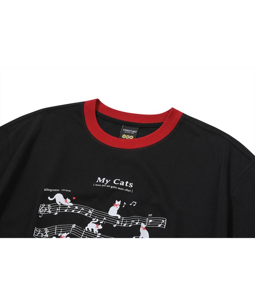 CPGN STUDIO Cats Music Ringer Short Sleeve T-Shirt Black
