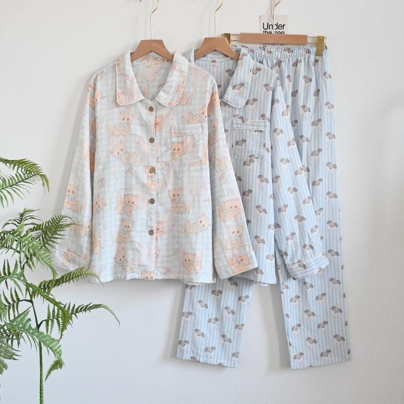 100% Cotton Gauze Pajamas Set Women Thin Breathable Long Sleeve Pants Loungewear