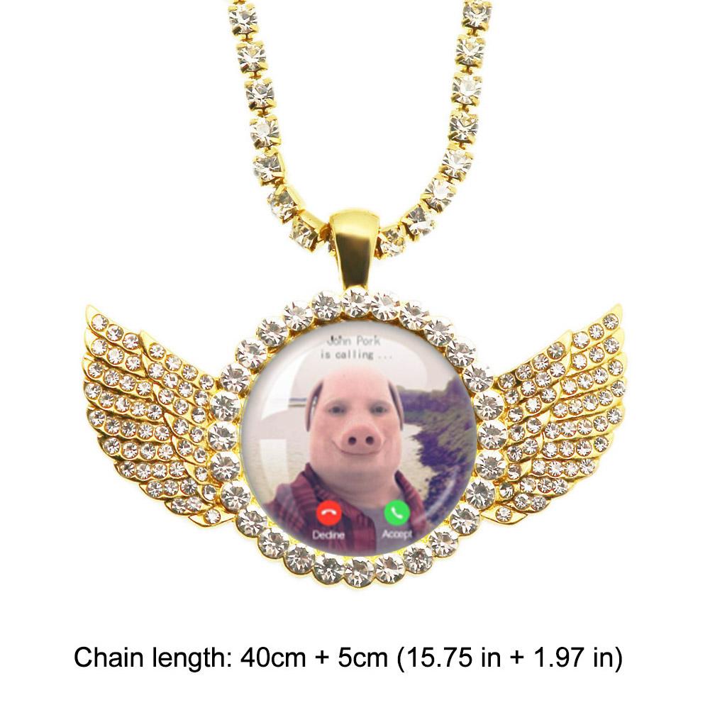 For John Pork Is Calling Funny Pig Necklace Lover Graphic The Moon Answer Call Phone Humor Angel Wings Pendant Necklace Jewelry