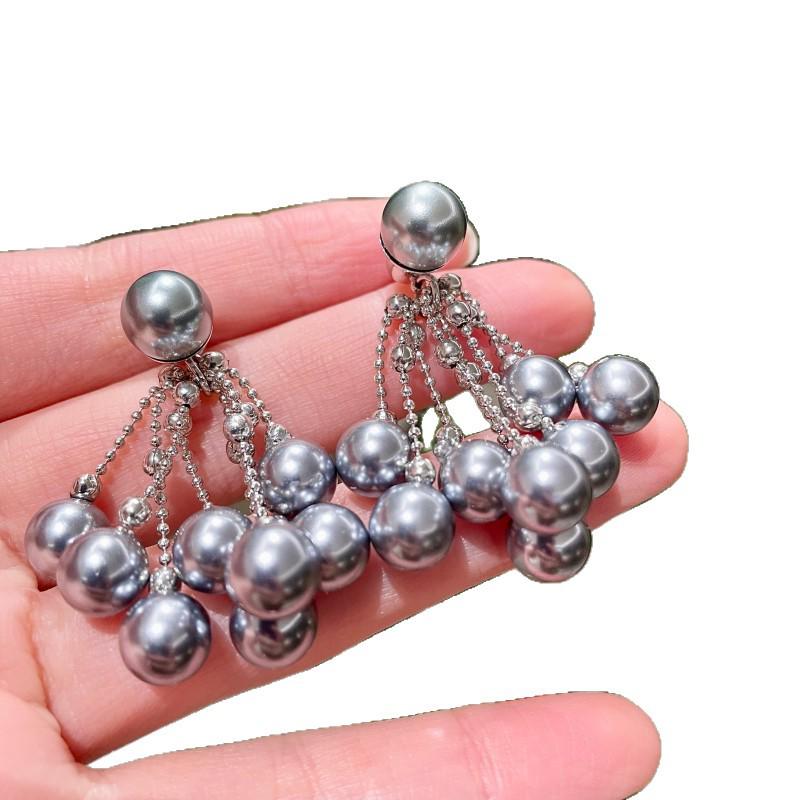 S925 Sterlingsilber Nadel Grau Perlen Quaste Ohrringe - Elegantes Nischen Design für Damen