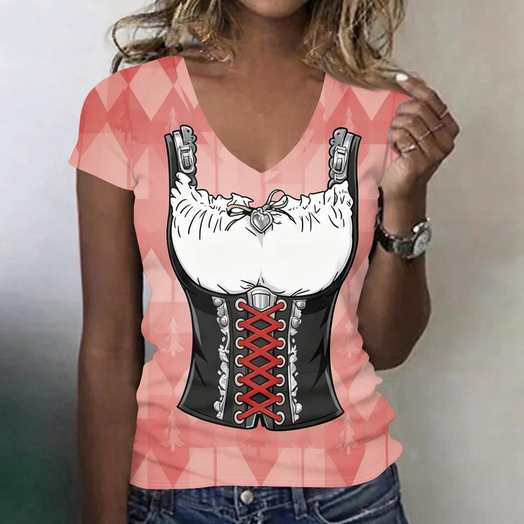 Women's Casual V Neck Short Sleeve T Shirt Oktoberfest Print Top Lightweight Soft Fabric Relaxed Fit Tee for Everyday Wear