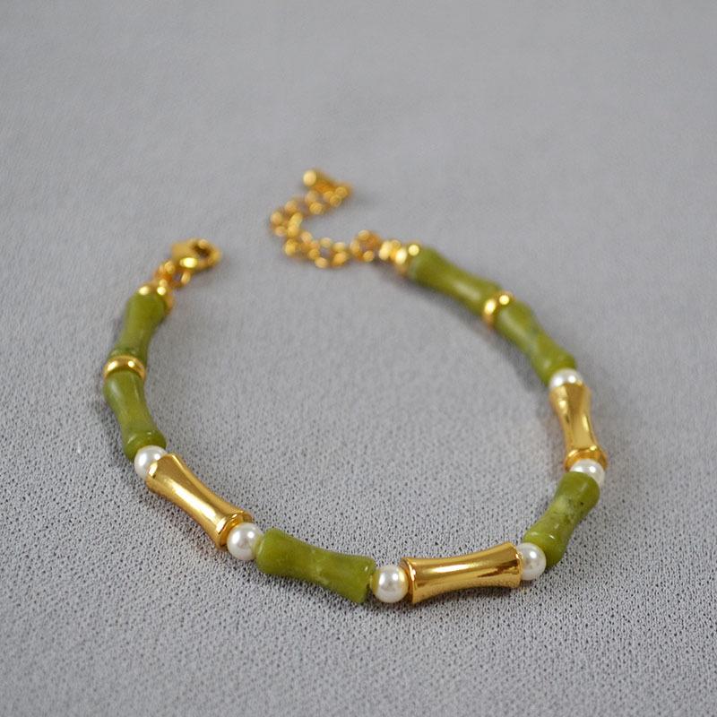 

Guochao Olive Green Jade Bamboo Beaded Short Necklace