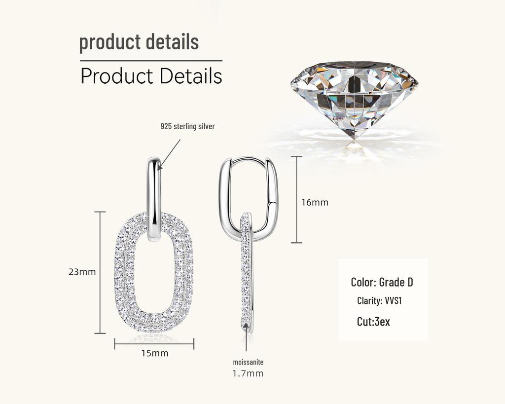 Elegant Moissanite Paperclip Dangle Earrings - Women's Silver Jewelry with Chic, Modern Design