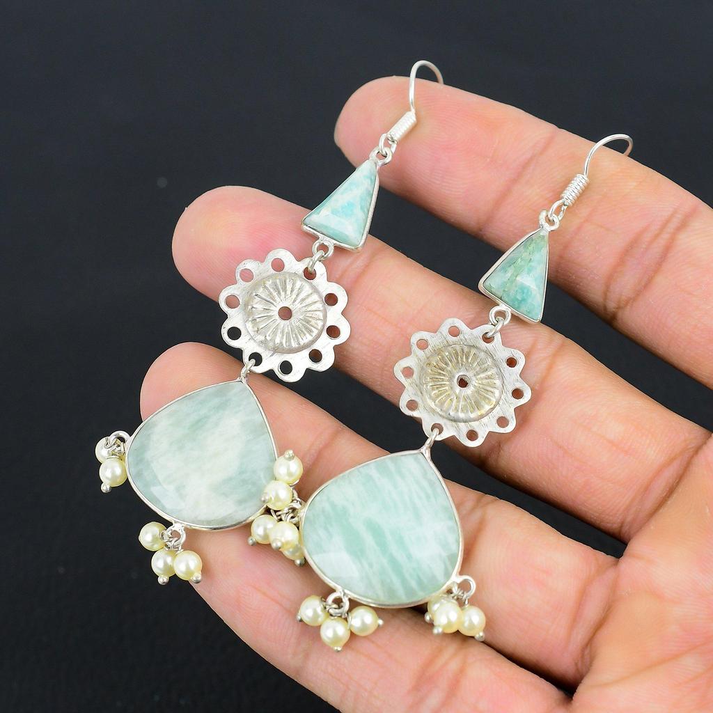 925 Silber Amazonit Stein Schwester Verlobung Tropfen Herzchakra Ohrringe Schmuck