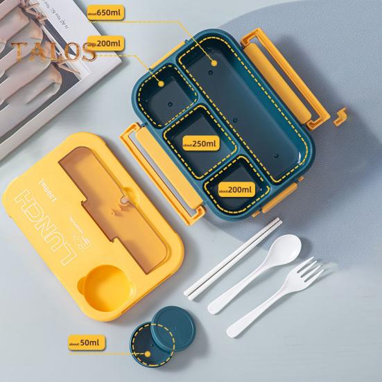 1300ML Lunch Box with Fork Spoon 4 Compartments Bento Box Leak-Proof BPA-Free Reusable Food Storage Container for Children Students Office