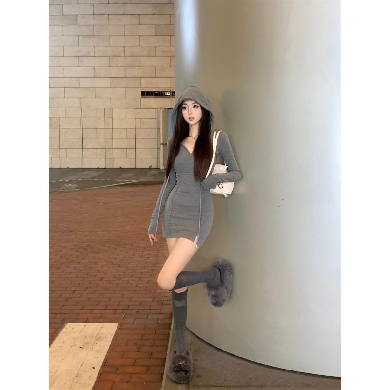 Frühling Herbst Einfarbig Sexy Mode Slim Bodycon Mini Sweatshirt Kleid Damen Langarm Kapuze Schlitz Robe Vestidos