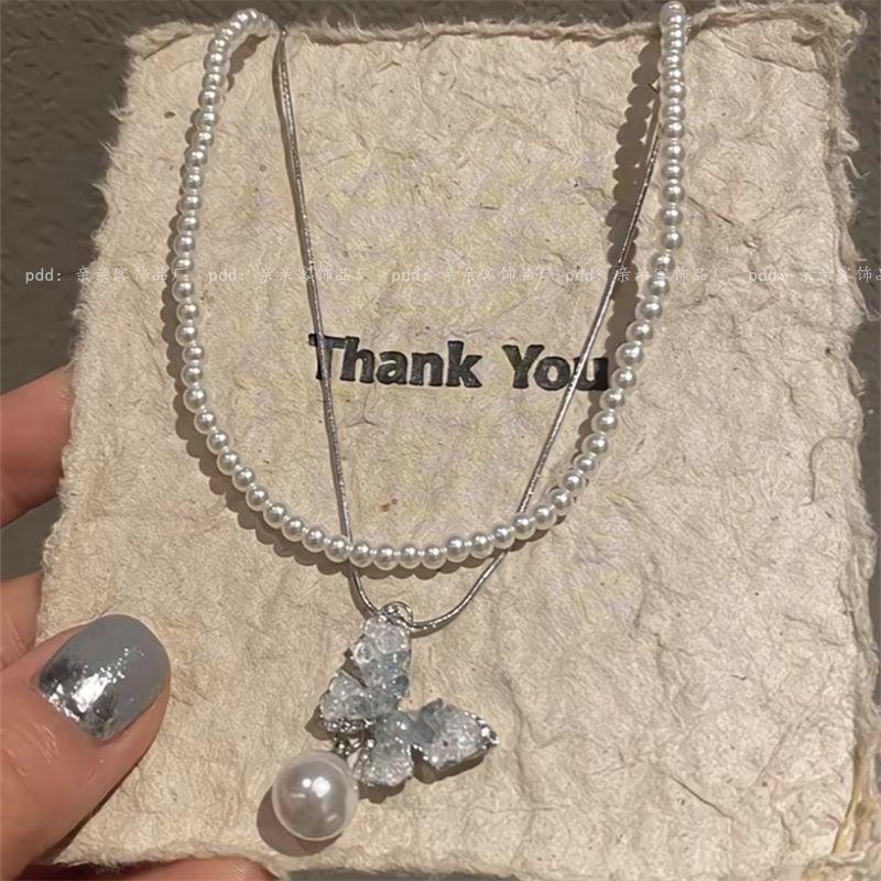 High version does not fade ice crystal gradual change color pearl butterfly necklace women's summer sweet cool advanced sense collarbone chain
