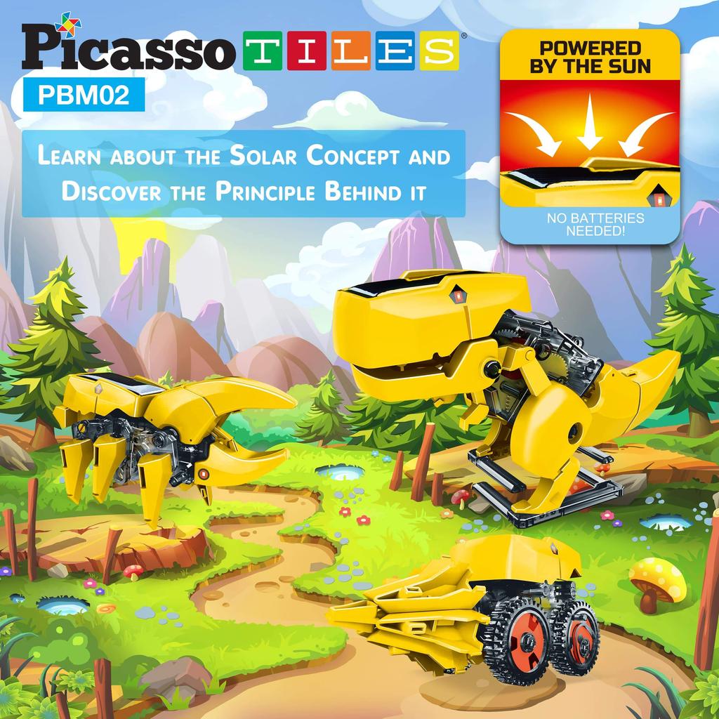 PicassoTiles STEM Kids Solar Power Dinosaur Robot Educational Learning Engineering Building Toy 3 In 1 Creative Unique Transformation Renewable Solar
