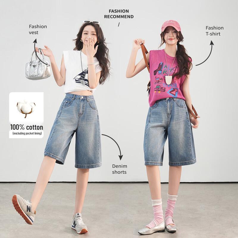 Women s Retro High-Waist Washed Denim Capri Pants M