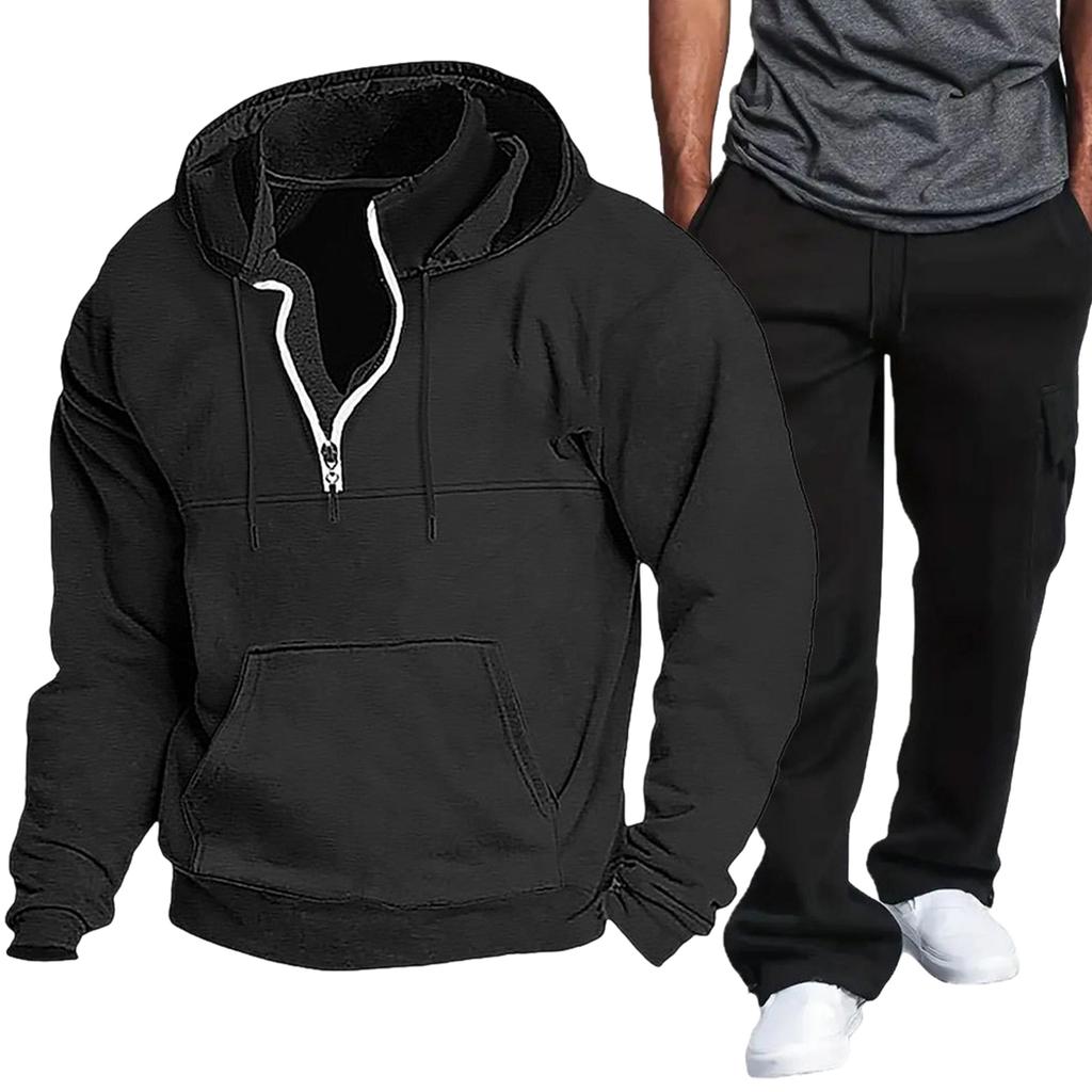 Completo da Uomo con Felpa con Cappuccio e Zip a Metà e Pantaloni Cargo, Outfit Casual in 2 Pezzi per l'Uso Quotidiano
